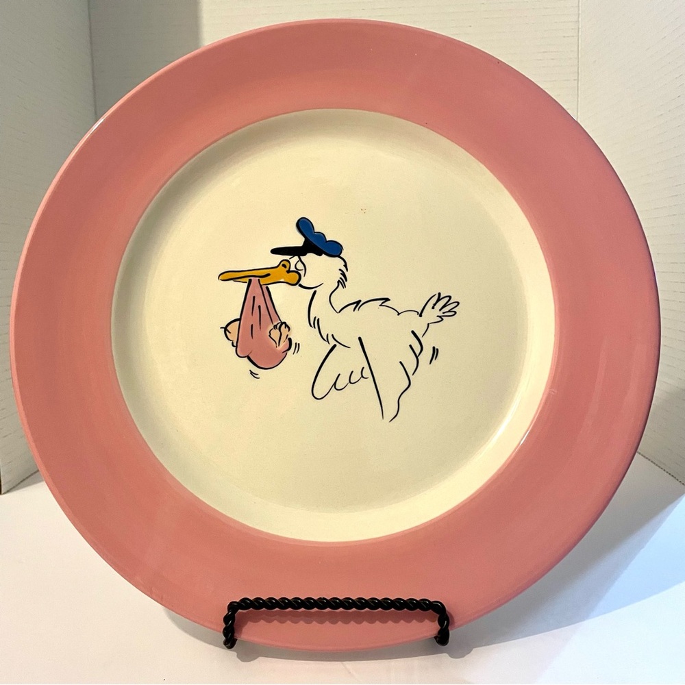 Stork Baby Delivery Ceramic Plate Platter HandPainted Pink Baby Girl Baby Shower